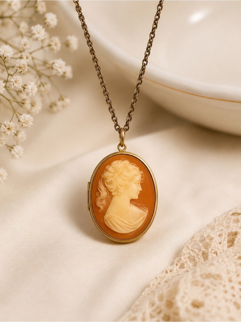 Vintage Cameo Locket Pendant Necklace Oval Gold Tone Victorian Revival